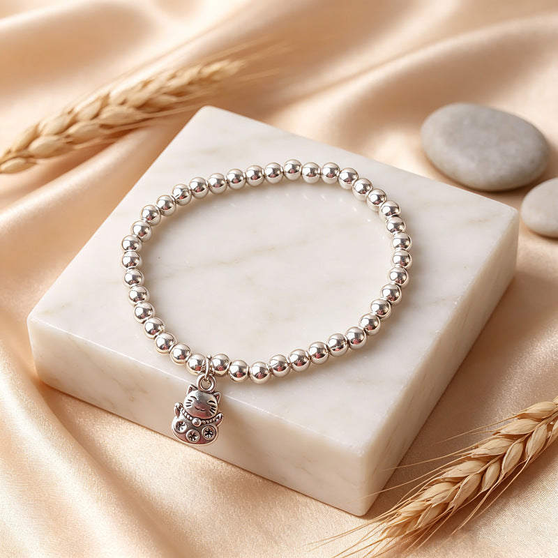New Style Imitation Silver Tibetan Silver Lucky Cat Pendant Bracelet Glossy Silver Beads Bracelet Simple All-Match Design Jewelry Wholesale