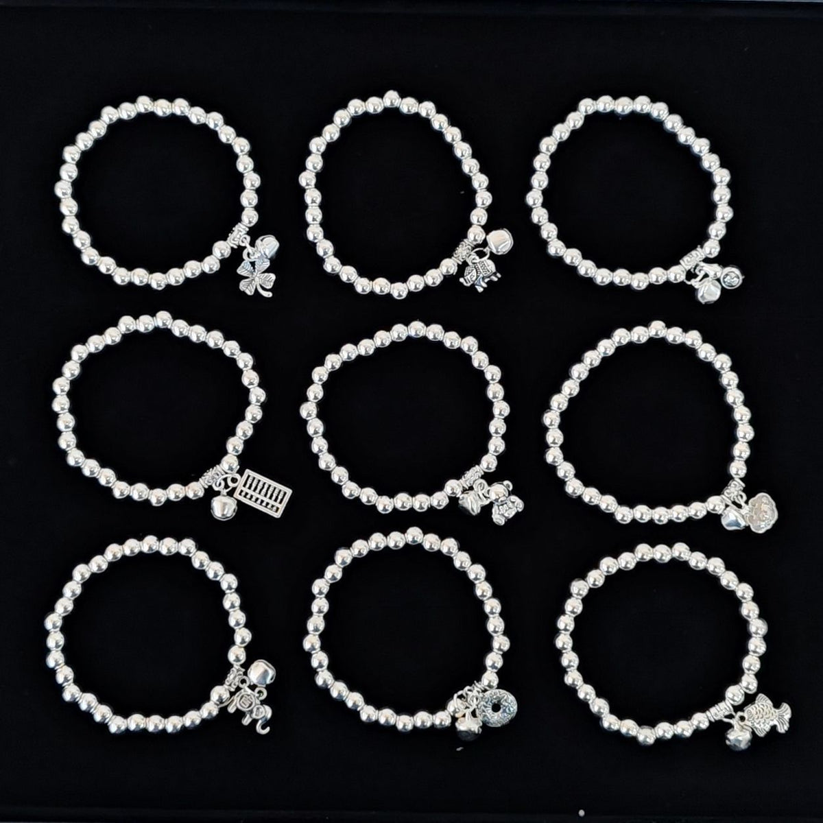 Beaded Lucky Cat Bracelet, Silver-Plated Bracelet with Round Beads, Elastic Cord Handmade Beaded Bracelet from Yunnan, Guizhou, and Sichuan, Auspicious Elephant Bell