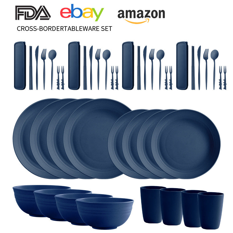 Cross-border Amazon Wheat Straw Tableware suit Black Plate Bowl Cup Knife and Fork Spoon Portable Tableware Bowl Plate suit
