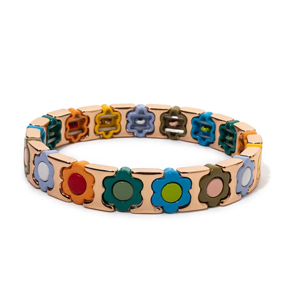 European and American enamel adjustable elastic bracelet for women, summer niche high-end enamel floral bracelet vintage