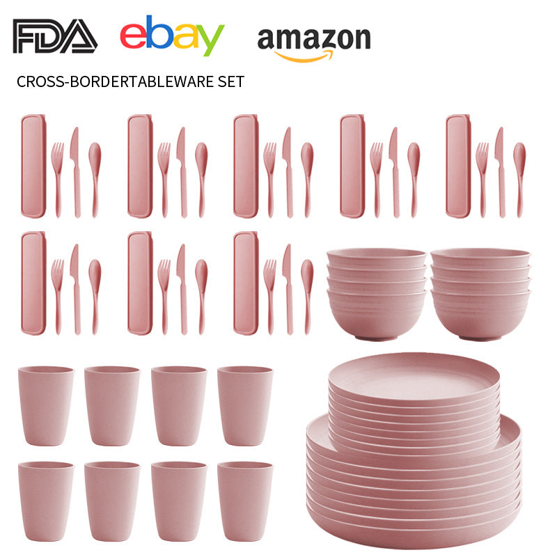 Cross-border Amazon Wheat Straw Tableware suit Black Plate Bowl Cup Knife and Fork Spoon Portable Tableware Bowl Plate suit