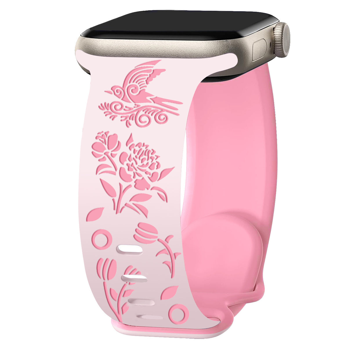Iwatchs11 Laser-Engraved Silicone Butterfly Buckle Bird and Flower Watch Strap 8-Shaped Buckle Two-Color Watch Strap