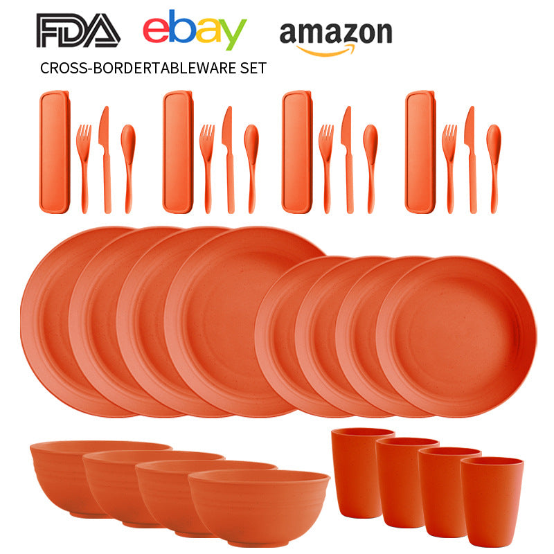 Cross-border Amazon Wheat Straw Tableware suit Black Plate Bowl Cup Knife and Fork Spoon Portable Tableware Bowl Plate suit