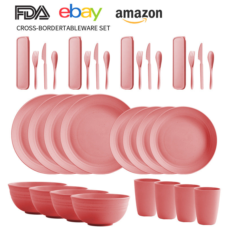 Cross-border Amazon Wheat Straw Tableware suit Black Plate Bowl Cup Knife and Fork Spoon Portable Tableware Bowl Plate suit