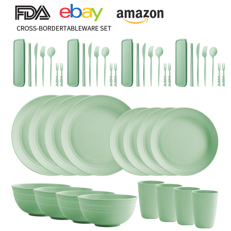 Cross-border Amazon Wheat Straw Tableware suit Black Plate Bowl Cup Knife and Fork Spoon Portable Tableware Bowl Plate suit
