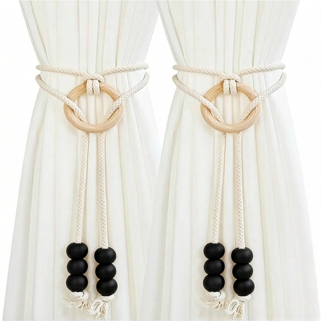 Curtain  Tiebacks with Cotton Rope Weaving Adjustable Sheer Curtain Strap Storage Clips Cream-Style Hanging Ball Decorations