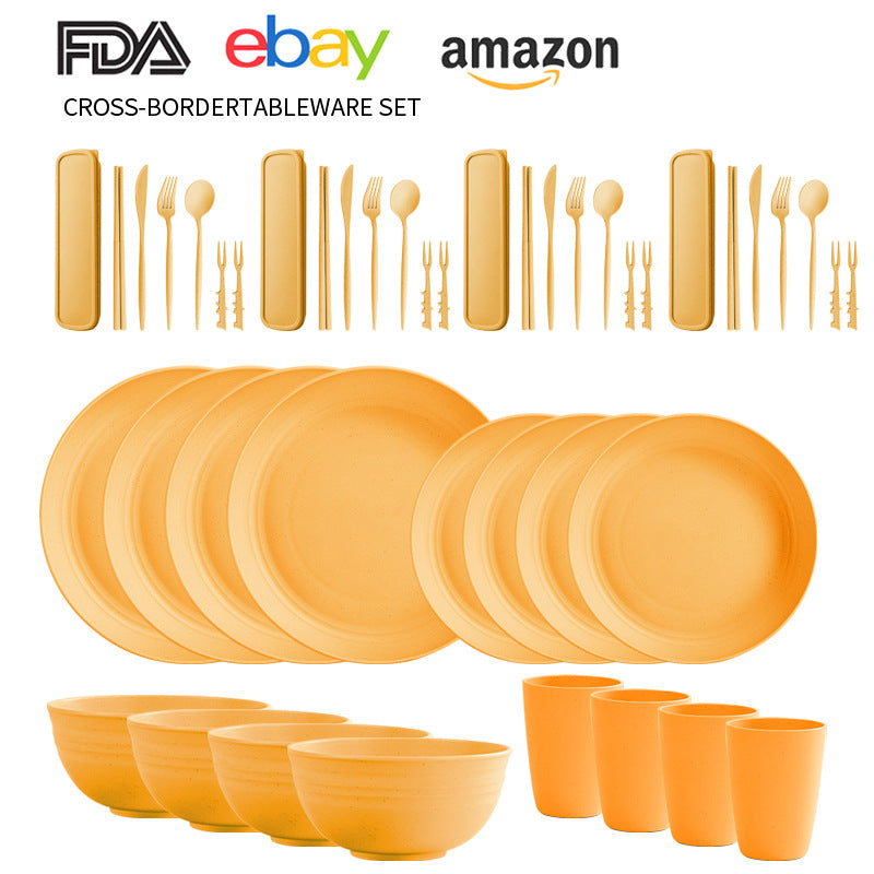 Cross-border Amazon Wheat Straw Tableware suit Black Plate Bowl Cup Knife and Fork Spoon Portable Tableware Bowl Plate suit