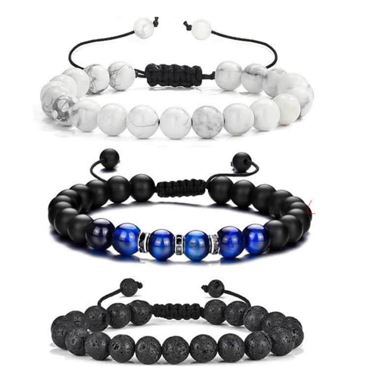 Popular Amazon European and American Men's Fashion Set, Stylish Tiger Eye Volcanic Stone Bracelet, White Pine Snowflake Bracelet, Versatile Accessories