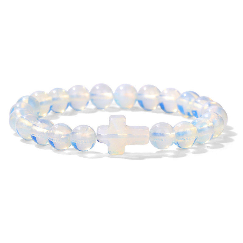 Temu Hot Selling Natural Stone Cross Bracelet Women's Glossy Indian Agate Beads Beaded Bracelet Elastic Bracelet