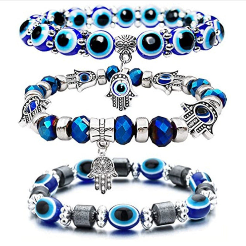 Amazon's Hottest Devil's Eye Fatima Palm Crystal Bracelet Blue Eyes Elastic Beaded Bracelet in Stock