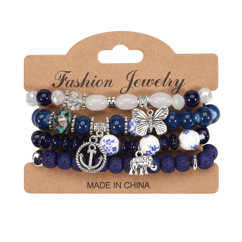 Bohemian Butterfly Ship Anchor Elephant Pendant Multi-layer Bracelet
