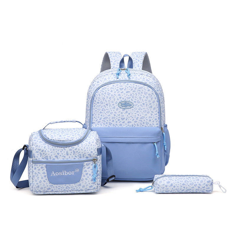 Leopard Print Three-Piece Backpack Set/ Large Capacity, Lightweight Student School Bag, Junior High School Student Set Bag, Pencil Case, Meal Bag