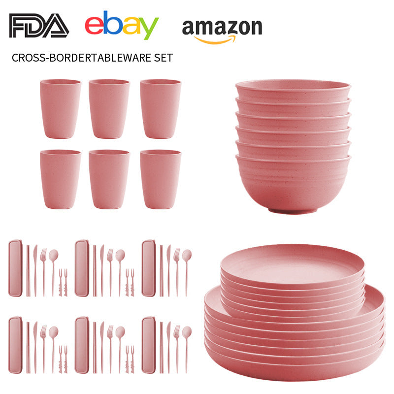 Cross-border Amazon Wheat Straw Tableware suit Black Plate Bowl Cup Knife and Fork Spoon Portable Tableware Bowl Plate suit