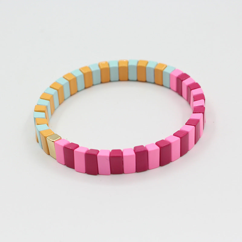 European and American ins Fashion Enamel Bracelet Bohemian Macaron Color-block Paint Stretch Bracelet for Men and Women