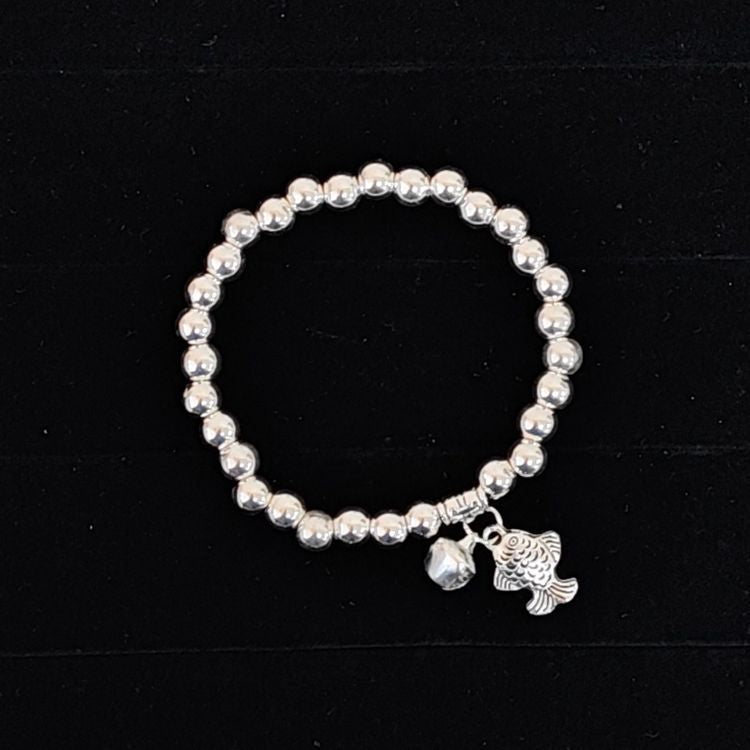 Beaded Lucky Cat Bracelet, Silver-Plated Bracelet with Round Beads, Elastic Cord Handmade Beaded Bracelet from Yunnan, Guizhou, and Sichuan, Auspicious Elephant Bell