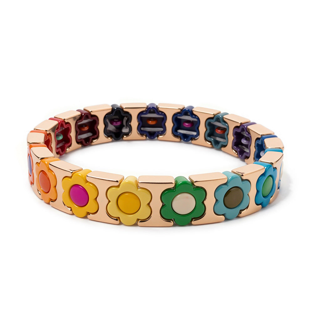 European and American enamel adjustable elastic bracelet for women, summer niche high-end enamel floral bracelet vintage