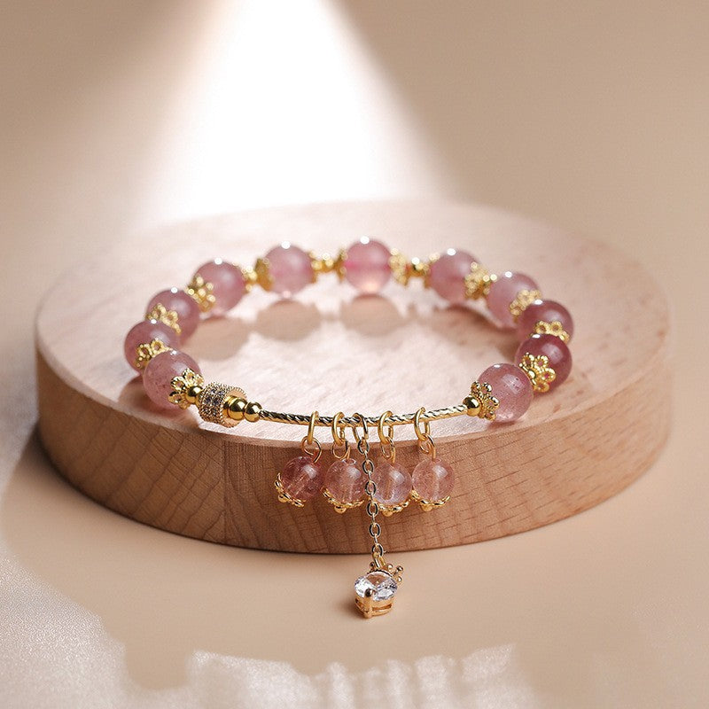 Pink Beauty Strawberry Crystal Pendant Bracelet Women's Bracelet Peach Blossom Zircon Strawberry Crystal Bracelet Ins Style Cute Jewelry Women