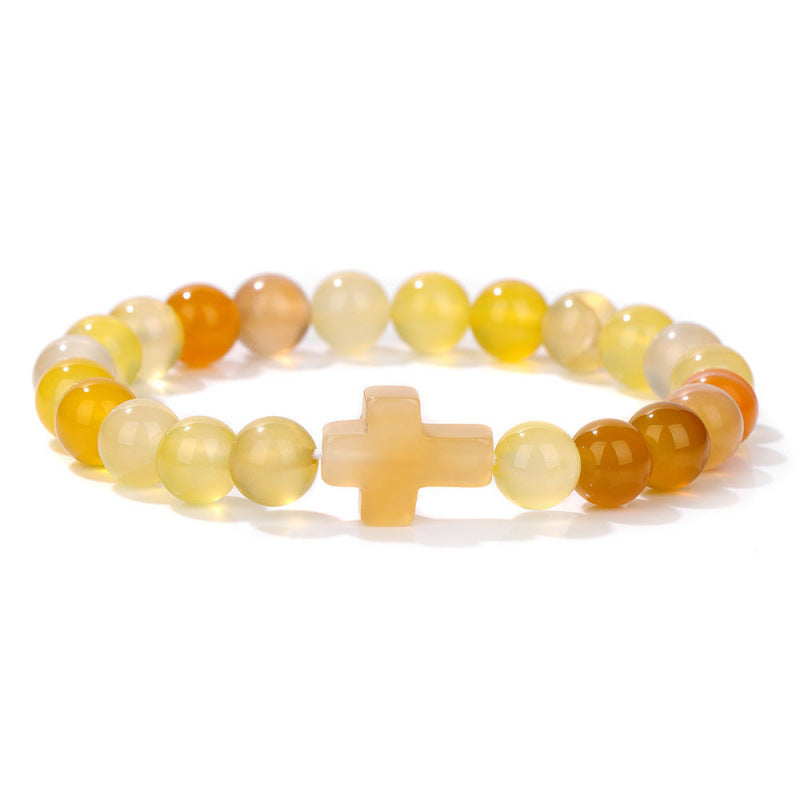 Temu Hot Selling Natural Stone Cross Bracelet Women's Glossy Indian Agate Beads Beaded Bracelet Elastic Bracelet