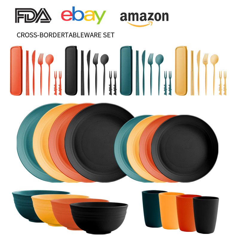 Cross-border Amazon Wheat Straw Tableware suit Black Plate Bowl Cup Knife and Fork Spoon Portable Tableware Bowl Plate suit