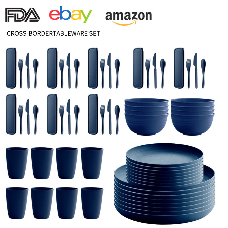 Cross-border Amazon Wheat Straw Tableware suit Black Plate Bowl Cup Knife and Fork Spoon Portable Tableware Bowl Plate suit