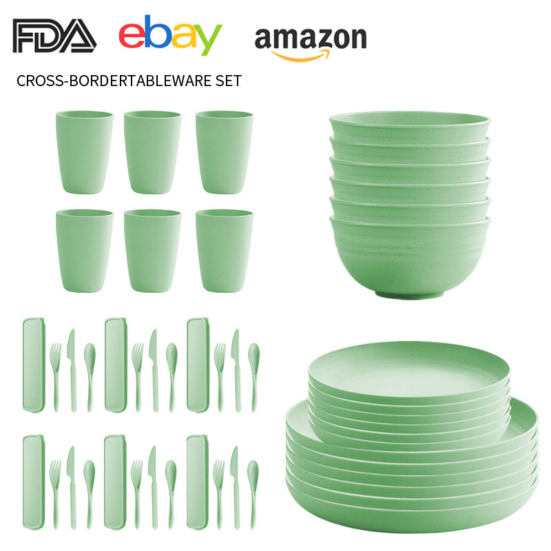 Cross-border Amazon Wheat Straw Tableware suit Black Plate Bowl Cup Knife and Fork Spoon Portable Tableware Bowl Plate suit
