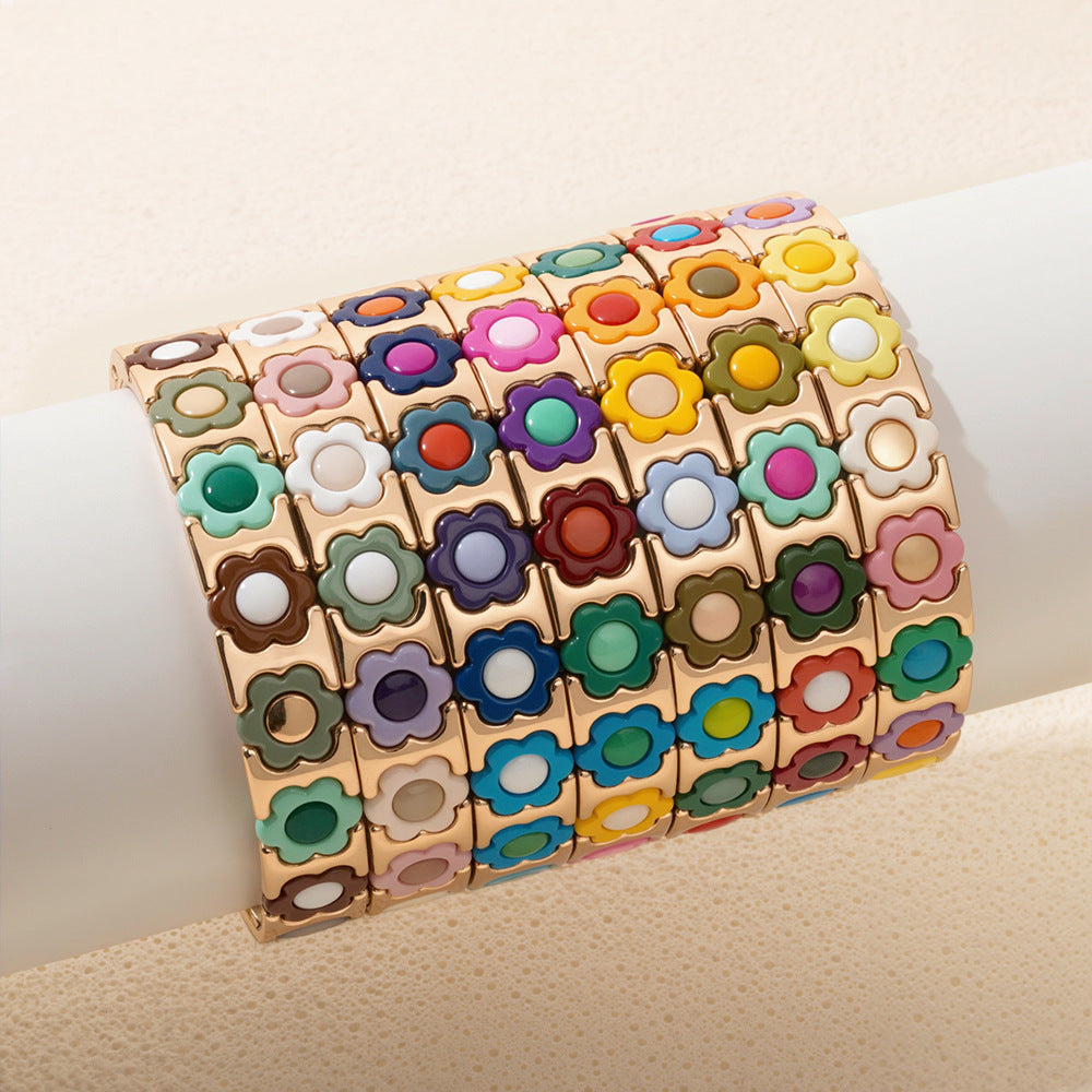 European and American enamel adjustable elastic bracelet for women, summer niche high-end enamel floral bracelet vintage