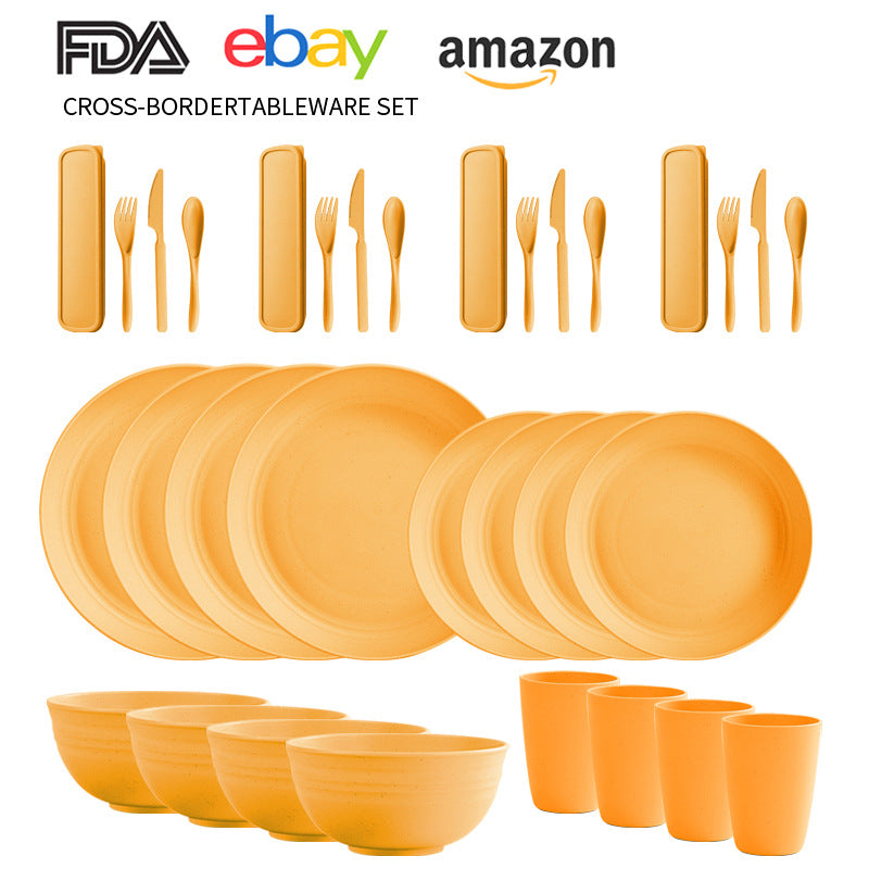 Cross-border Amazon Wheat Straw Tableware suit Black Plate Bowl Cup Knife and Fork Spoon Portable Tableware Bowl Plate suit