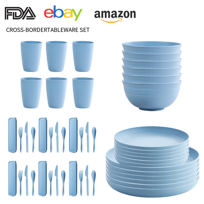 Cross-border Amazon Wheat Straw Tableware suit Black Plate Bowl Cup Knife and Fork Spoon Portable Tableware Bowl Plate suit