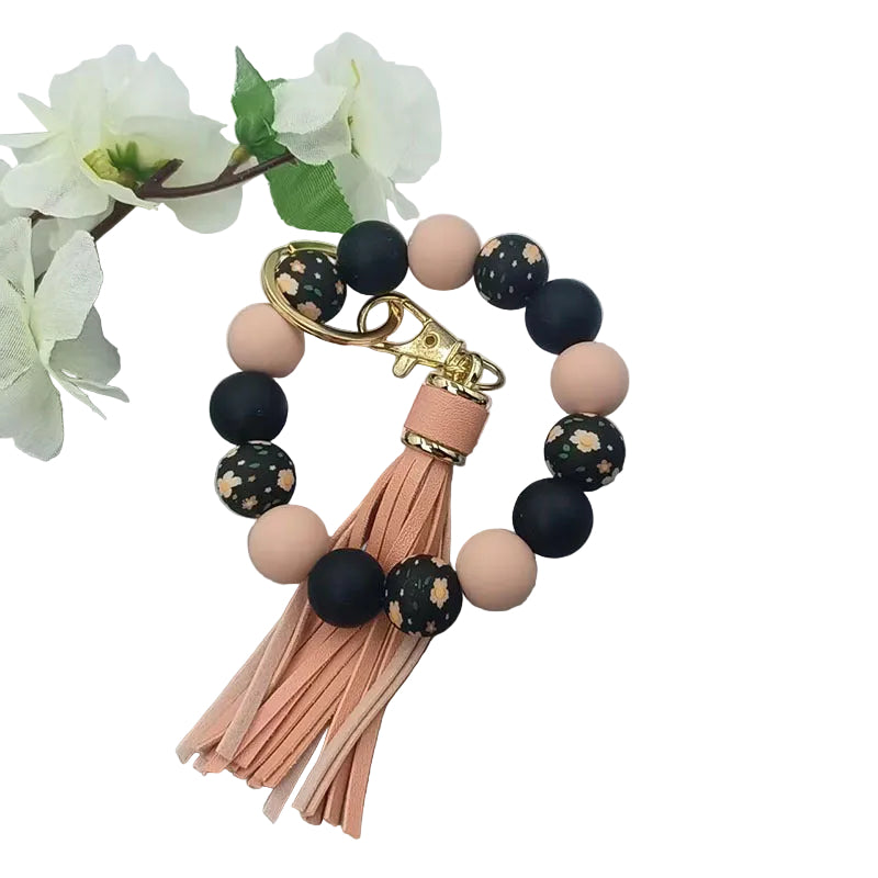 Silicone  Round Beaded Bracelet Tassel Keychain Bag Pendant