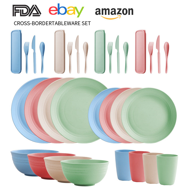 Cross-border Amazon Wheat Straw Tableware suit Black Plate Bowl Cup Knife and Fork Spoon Portable Tableware Bowl Plate suit