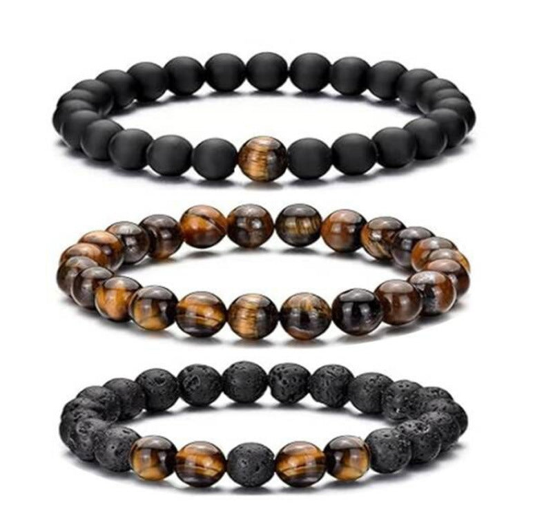 Popular Amazon European and American Men's Fashion Set, Stylish Tiger Eye Volcanic Stone Bracelet, White Pine Snowflake Bracelet, Versatile Accessories