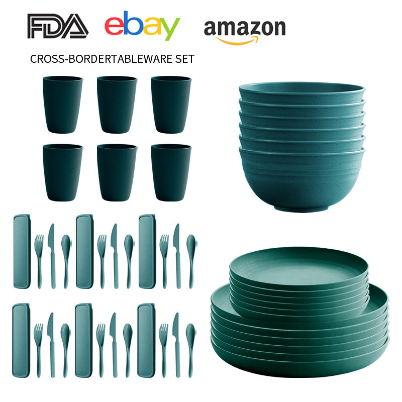 Cross-border Amazon Wheat Straw Tableware suit Black Plate Bowl Cup Knife and Fork Spoon Portable Tableware Bowl Plate suit