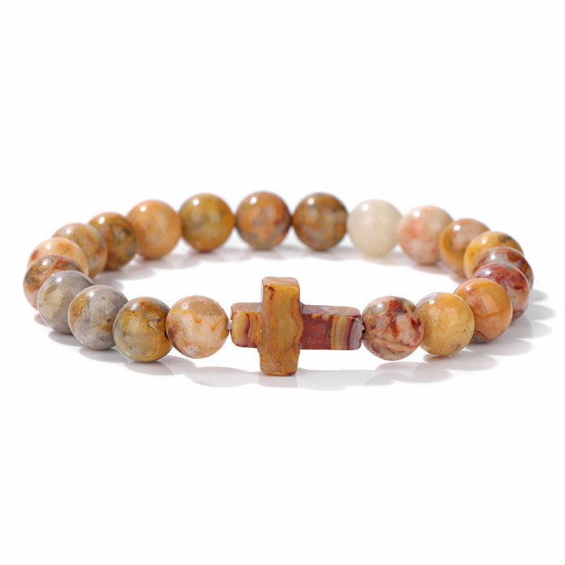 Temu Hot Selling Natural Stone Cross Bracelet Women's Glossy Indian Agate Beads Beaded Bracelet Elastic Bracelet