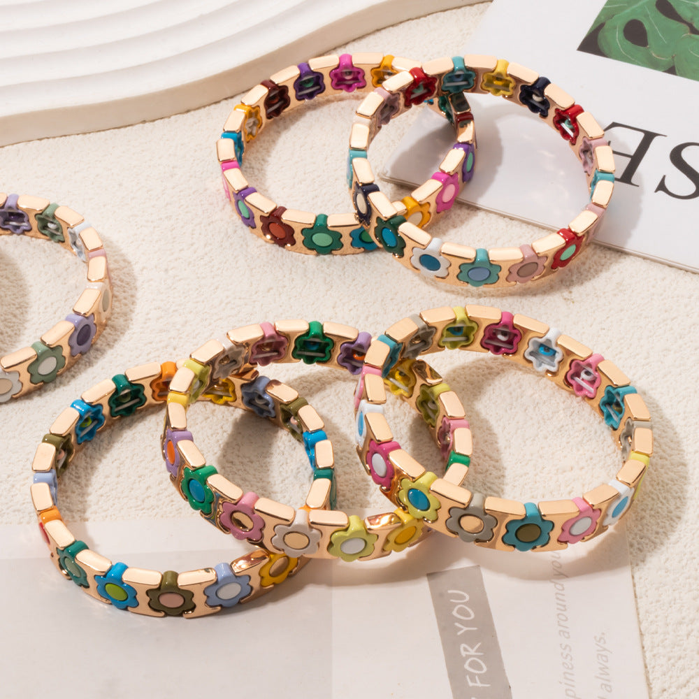 European and American enamel adjustable elastic bracelet for women, summer niche high-end enamel floral bracelet vintage