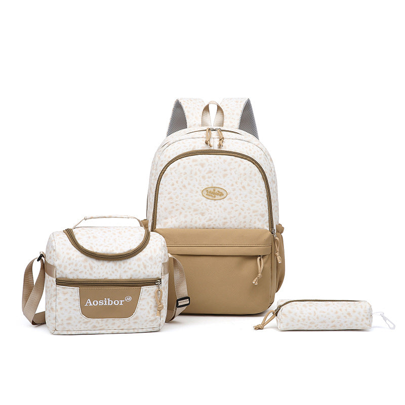Leopard Print Three-Piece Backpack Set/ Large Capacity, Lightweight Student School Bag, Junior High School Student Set Bag, Pencil Case, Meal Bag