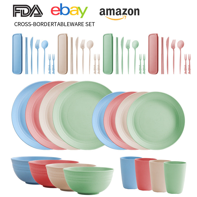 Cross-border Amazon Wheat Straw Tableware suit Black Plate Bowl Cup Knife and Fork Spoon Portable Tableware Bowl Plate suit