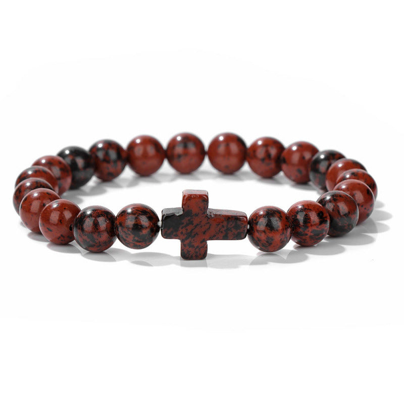 Temu Hot Selling Natural Stone Cross Bracelet Women's Glossy Indian Agate Beads Beaded Bracelet Elastic Bracelet