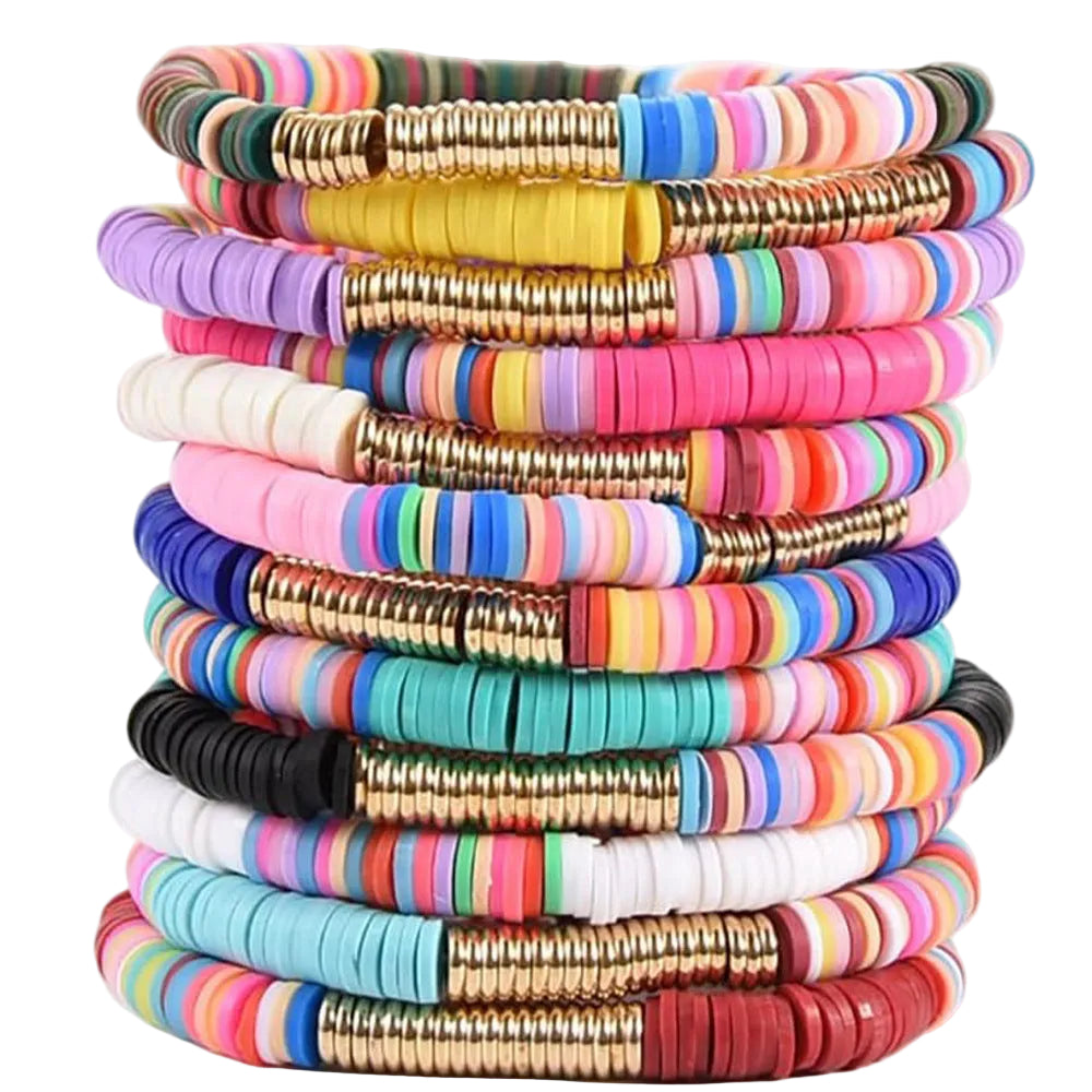 Bohemian Beach Ethnic Style Mixed Color Elastic Rope Sliced Soft Pottery  Stackable Bracelet