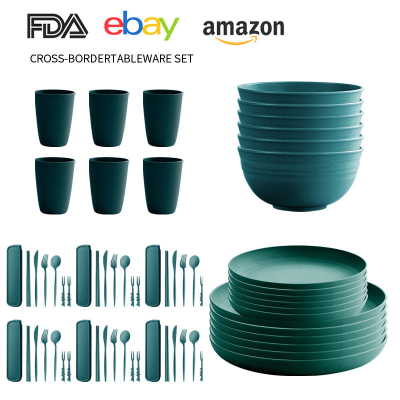Cross-border Amazon Wheat Straw Tableware suit Black Plate Bowl Cup Knife and Fork Spoon Portable Tableware Bowl Plate suit