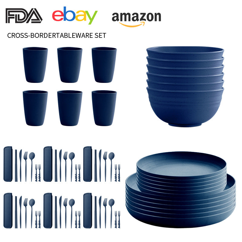 Cross-border Amazon Wheat Straw Tableware suit Black Plate Bowl Cup Knife and Fork Spoon Portable Tableware Bowl Plate suit