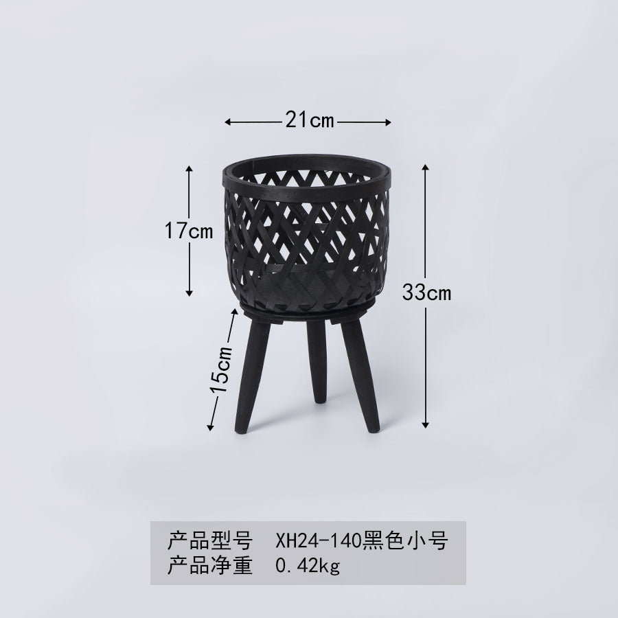 Nordic Style Rattan Flower Pot Indoor Balcony Living Room Plant Green Rose Hand-Woven Wooden High Foot Floor Flower Rack