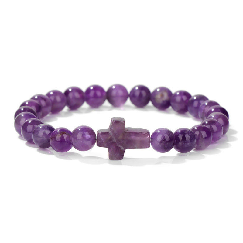 Temu Hot Selling Natural Stone Cross Bracelet Women's Glossy Indian Agate Beads Beaded Bracelet Elastic Bracelet