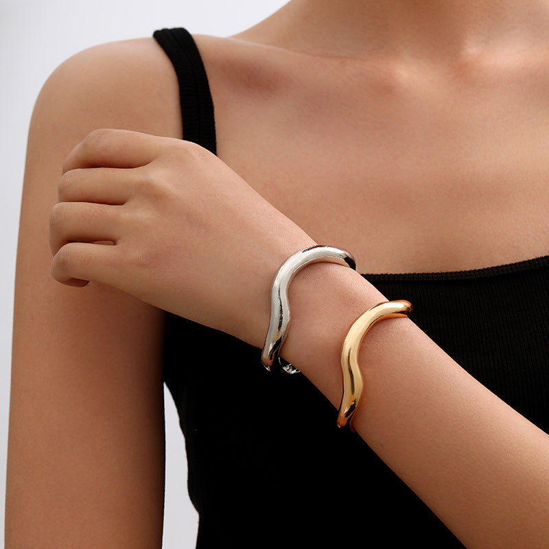 European and American Cross-Border Popular Bracelets Ins Normcore Asymmetrical Wave Pattern Bracelets Metal Glossy Bracelets Women's Jewelry