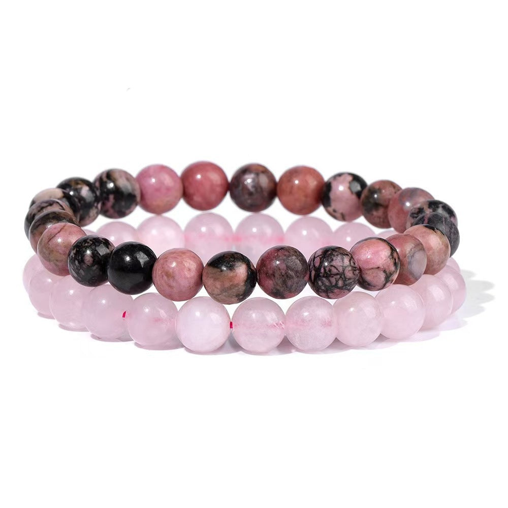 New European and American Trendy Jewelry: Gravel Bead Bracelet, Pink Crystal, Tiger Eye, Agate Stone Combination Set, Elastic Bracelet