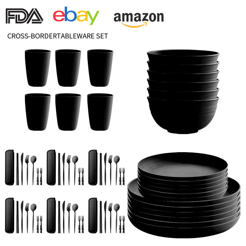 Cross-border Amazon Wheat Straw Tableware suit Black Plate Bowl Cup Knife and Fork Spoon Portable Tableware Bowl Plate suit