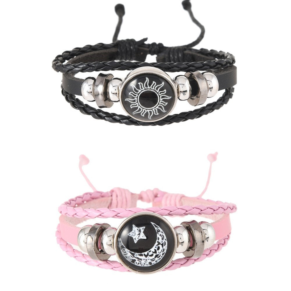 Cross-border hand-woven sun and moon lovers' time leather bracelet, vintage multi-layer beaded peace tree couple's wristband