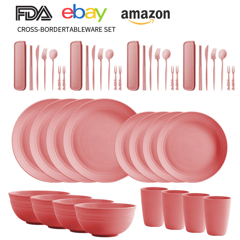 Cross-border Amazon Wheat Straw Tableware suit Black Plate Bowl Cup Knife and Fork Spoon Portable Tableware Bowl Plate suit