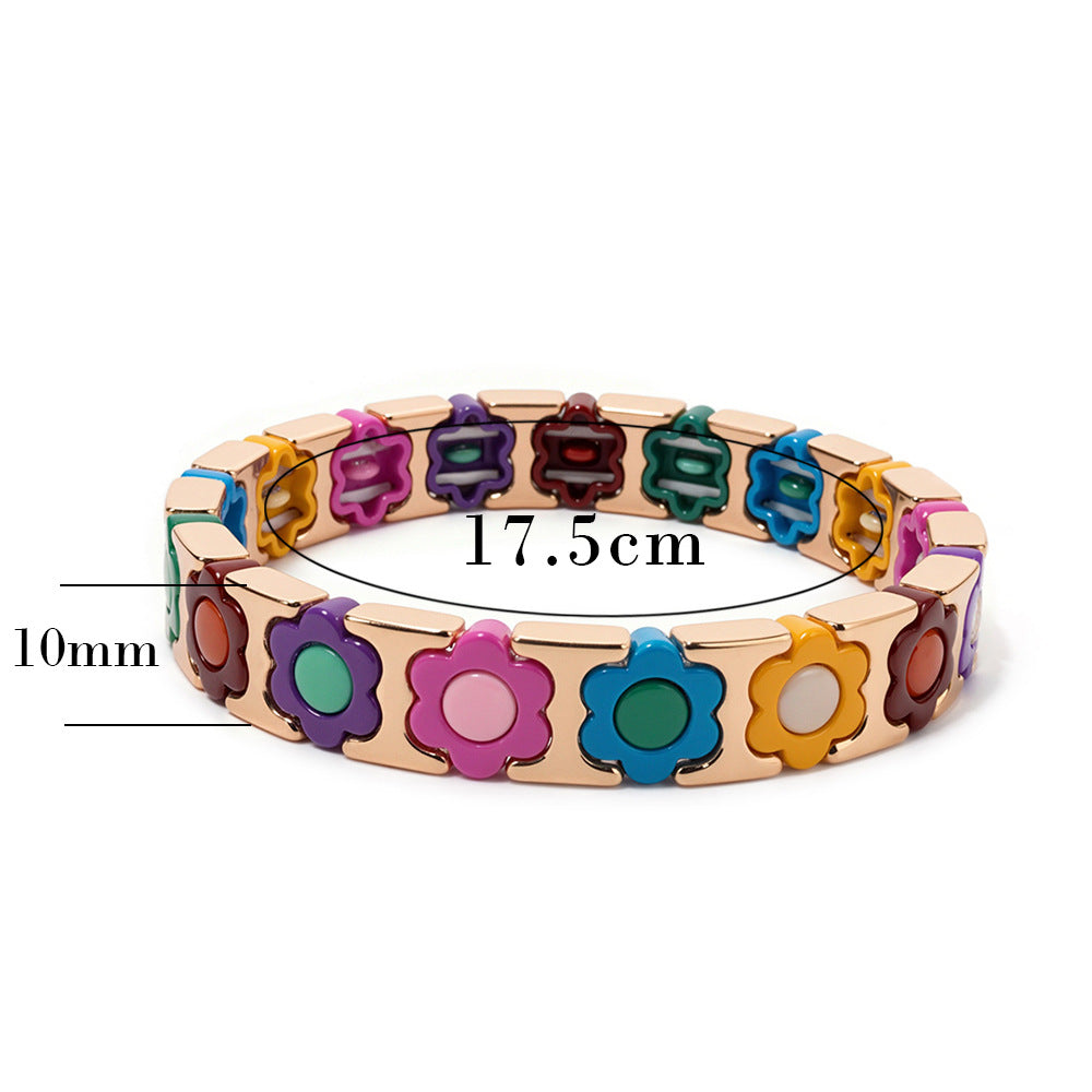 European and American enamel adjustable elastic bracelet for women, summer niche high-end enamel floral bracelet vintage