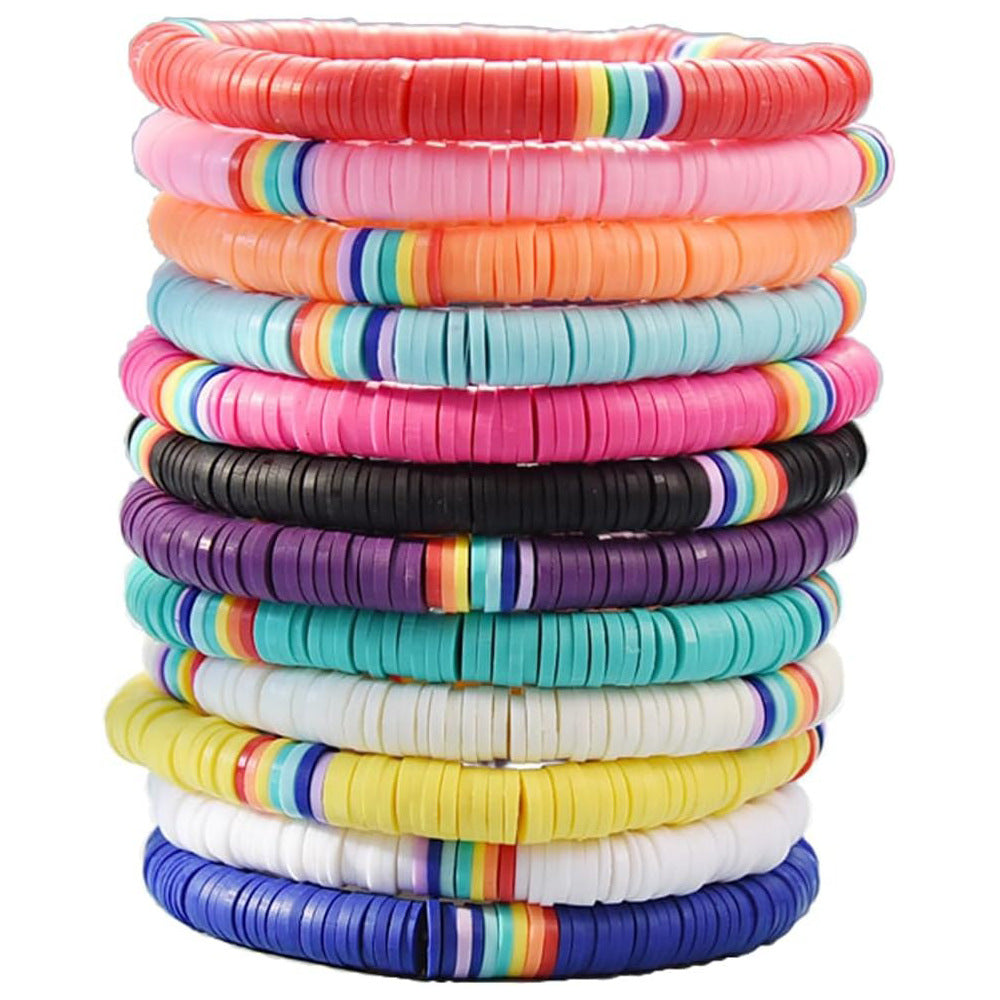 Bohemian Beach Ethnic Style Mixed Color Elastic Rope Sliced Soft Pottery  Stackable Bracelet