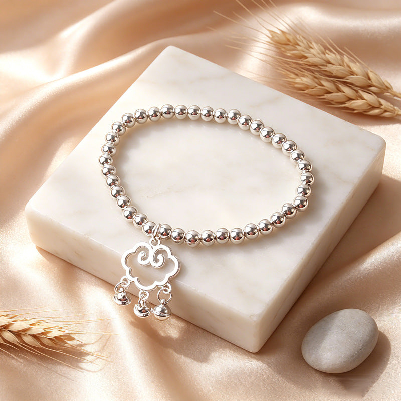 New Style Imitation Silver Tibetan Silver Lucky Cat Pendant Bracelet Glossy Silver Beads Bracelet Simple All-Match Design Jewelry Wholesale